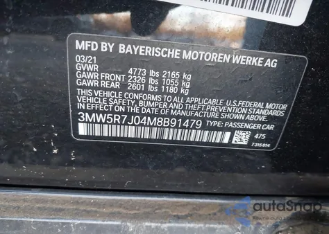 2021 BMW 330I xDrive z USA, uszkodzony, nr VIN 3MW5R7J04M8B91479